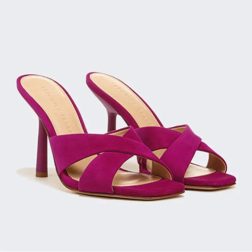 Veronica Beard Alsea Raspberry Pink Suede Mule Heels Square Toe Sandals Sz 8.5